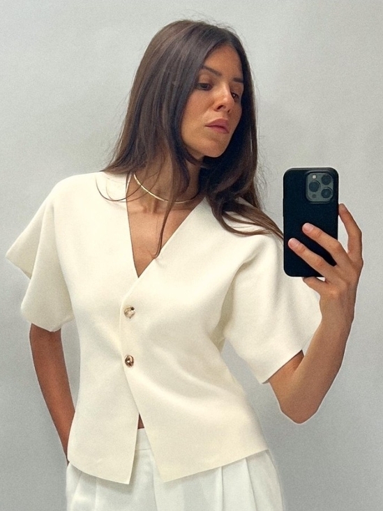 Zara Tops - Zara Cream Button-Down Short Sleeve V-Neck Top
